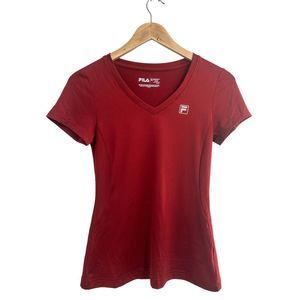 Fila Burgundy V Neck Short Sleeve Mesh Workout‎ Shirt XS